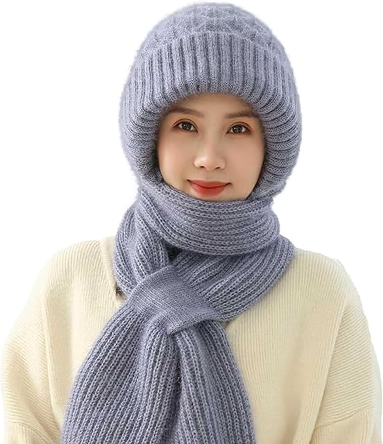 MUNSKT Integrated Ear Protection Windproof Cap ScarfPlus Velvet Thick Winter Knitted Hat, Women Knitted Hat Scarf Set Winter Warm ThickenScarf hat of Outdoor Ski Snowboard Cycle for Women(grey)