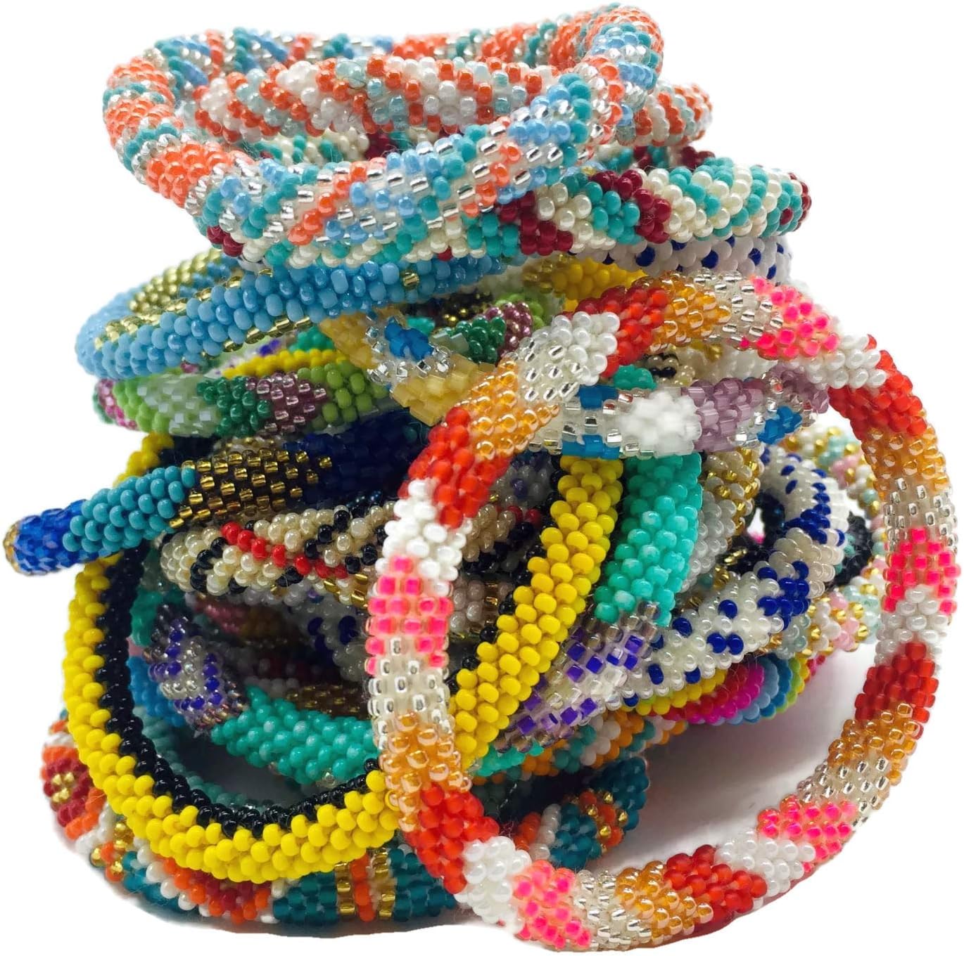 Handmade Nepalese Glass Seed Bead Bracelet. 12 Pcs Set. Groovy Random Colors Mix.