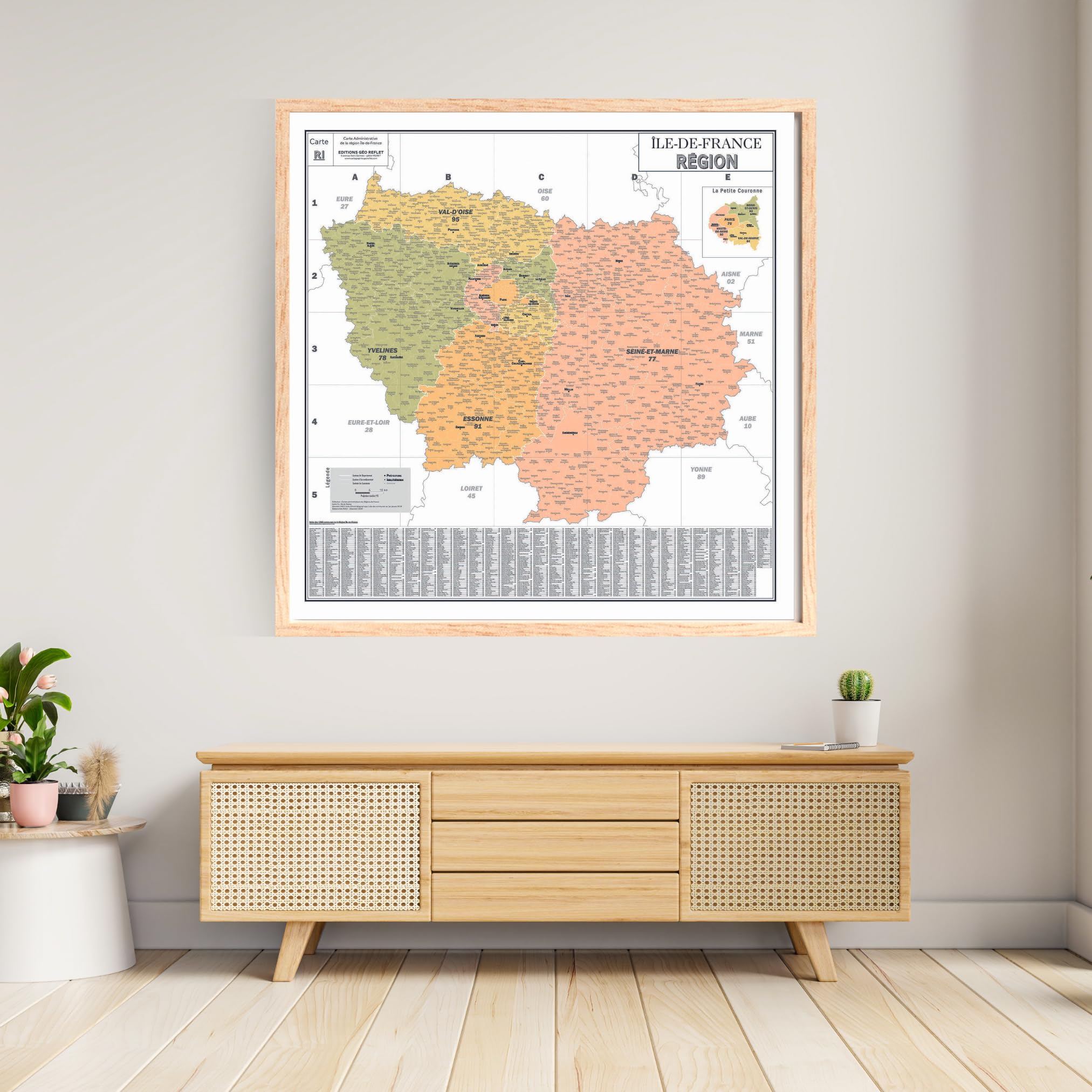 GEO REFLET Carte de France Murale - Carte Administrative - Région Île-de-France - Modèle Vintage - Poster Plastifié 120x120CM