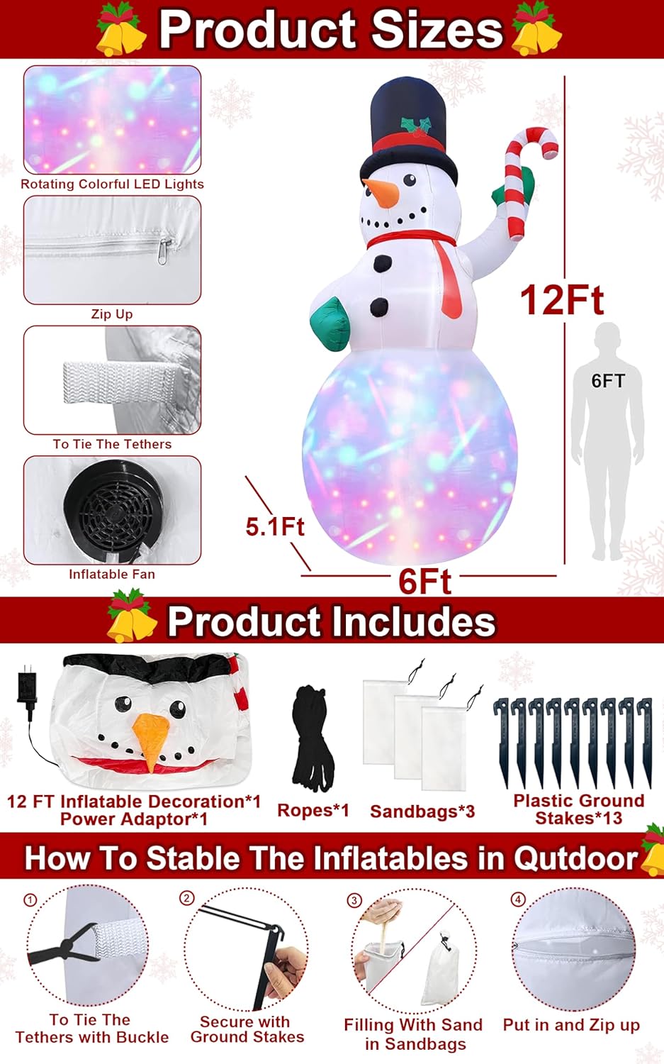 12 Ft by 6 Ft Giant Christmas Inflatables Snowman Outdoor Decorations, Blow Up Snowman Holds Candy Cane Built-in Rotating Colorful Lights Christmas Decorations Outdoor Yard Lawn Garden Holiday Party