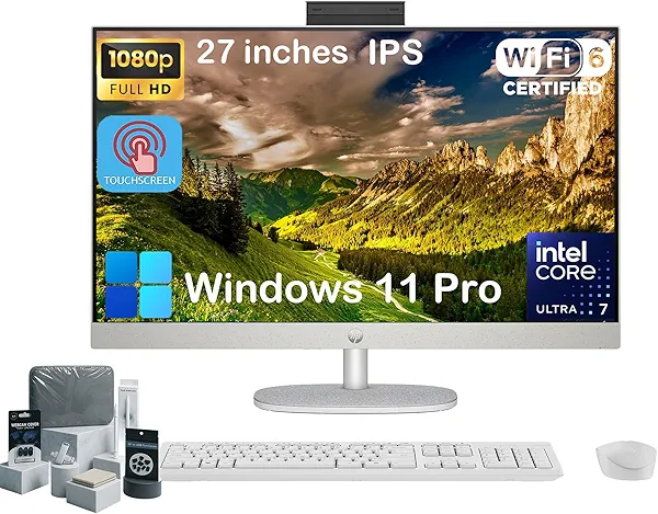 HP 27 Touch Screen All-in-One Desktop Computer PC Adjustable Angle, 64GB DDR5 RAM, 2TB SSD, Intel 12 Core Ultra 7 155U, FHD IPS Touchscreen, Wireless KB&Mouse, Win 11 Pro, 1080p Camera, Accessories