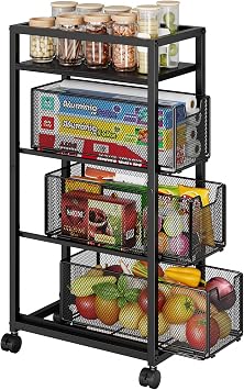 4 Tier Narrow Kitchen Rolling Cart, 9.1" Wide Slim Kitchen Storage Cart with Pull-Out Baskets, Adjust Pantry Organizer and Storage Cart with Wheels, Multifunctional Fruit Vegetable Spice Storage Cart
