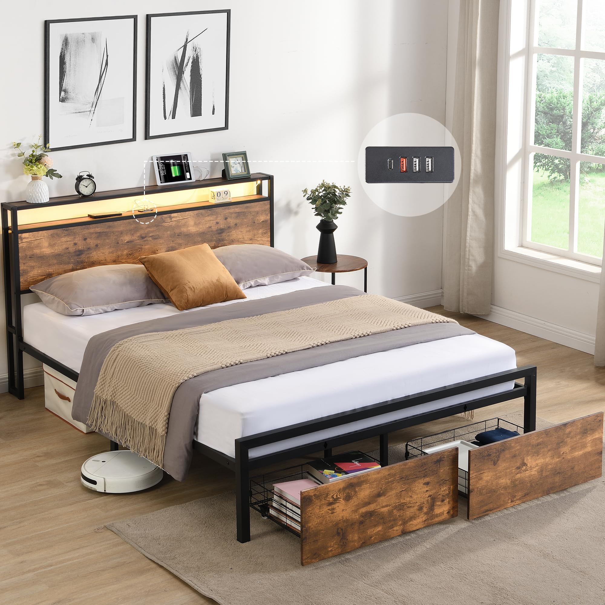 HBRR Queen Size Led Bed Frame with 2 Storage Drawers and USB Ports, Metal Platform Bed Frame with Charging Station and Storage Headboard, Metal Slats, No Box Spring Needed, Rustic Brown