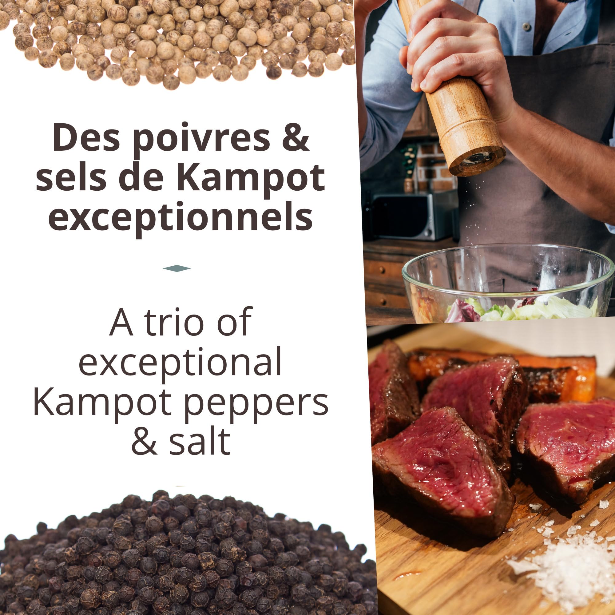 Khla - Coffret Moulins Poivres & Sel de Kampot - Coffret Cadeau - Poivre Noir, Poivre Blanc & Fleur de Sel - Grands Crus Rares - Poivre du Monde - Moulins Rechargeables - Origine Cambodge