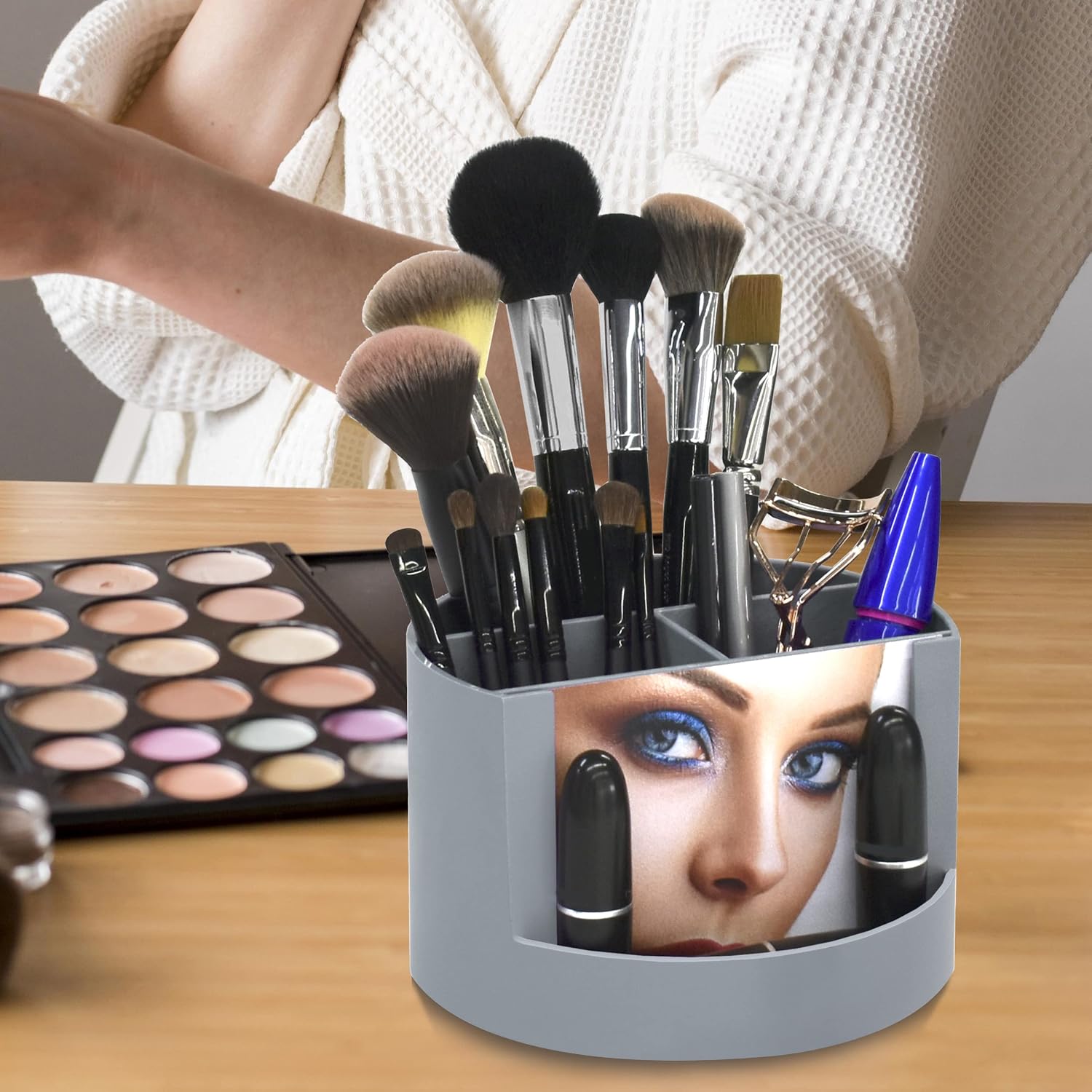 Acrimet Compact Desktop Organizer, 4 Spacious Slots, Round Pencil and Accessories Holder with Photo Slot, Ideal for Office, Art Supplies, Vanity Storage, and Home Organization (Silver Plastic)