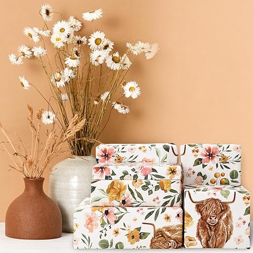 Miniatura 7 de AnyDesign Papel de regalo de vaca de las tierras altas de las tierras altas, papel de regalo de flores bohemias a granel, papel de arte de vaca