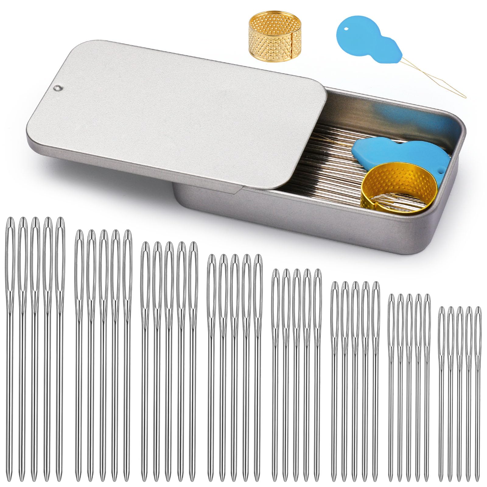 TLKKUE 100/40 Pcs Large-Eye Blunt Needles, Tapestry Needle with Needle Threader Thimble, Stainless Steel Yarn Needles for Sewing Knitting Crafting Weaving Crochet Tapestry (Silver, 8 sizes/40 pcs)-image-7