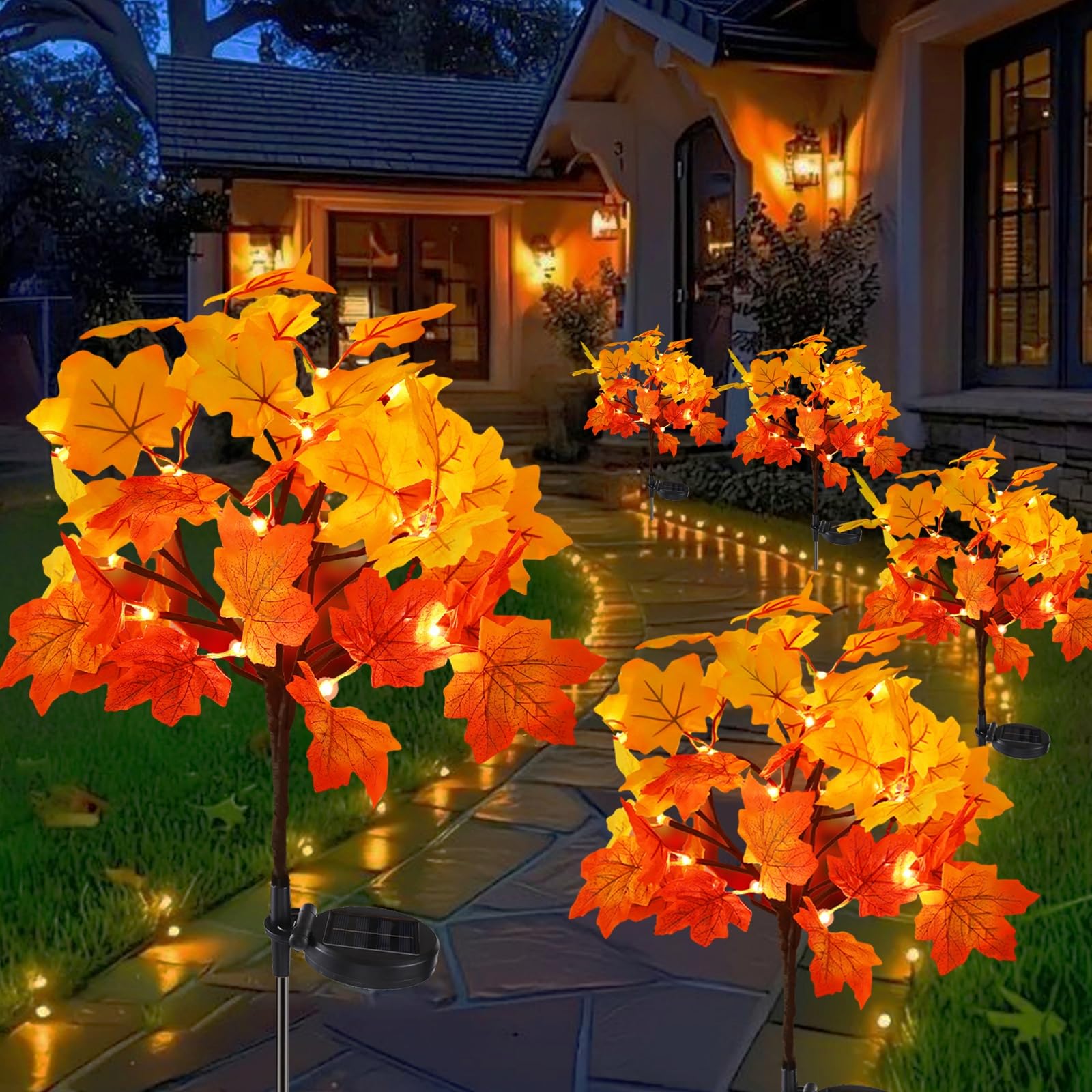 4Pack Fall Solar Lights Outdoor Waterproof 80LED 160 Maple Leaves Solar Garden Lights Outside Autumn Artificial Tree Pathway