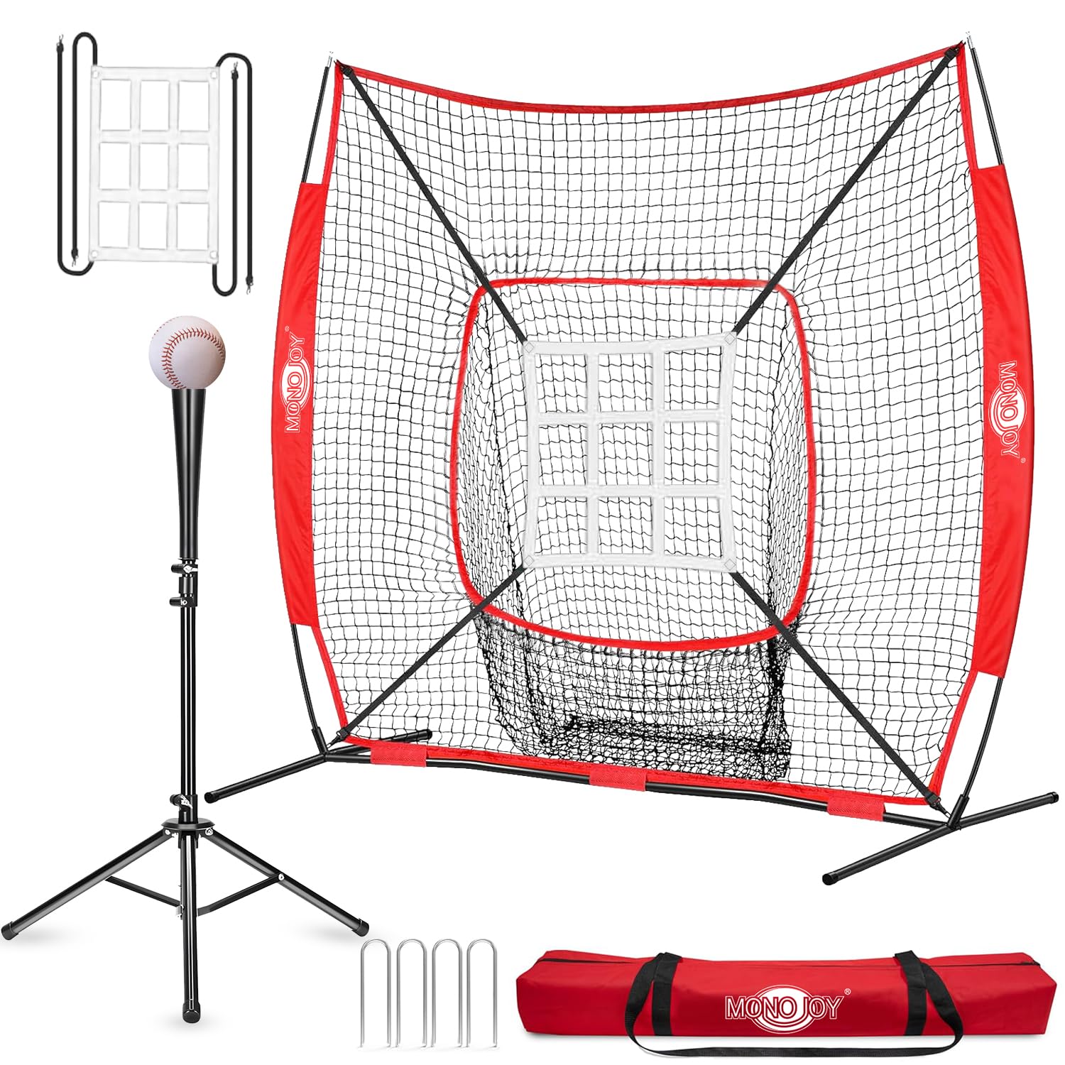 MONOJOY 7x7ft Baseball Practice Net for Hitting & Pitching, Training Net with Big Strike Zone Batting Tee & 9-Pocket Target, Heavy-Duty Softball Net with Carry Bag for Backyard, Indoor Outdoor, Red