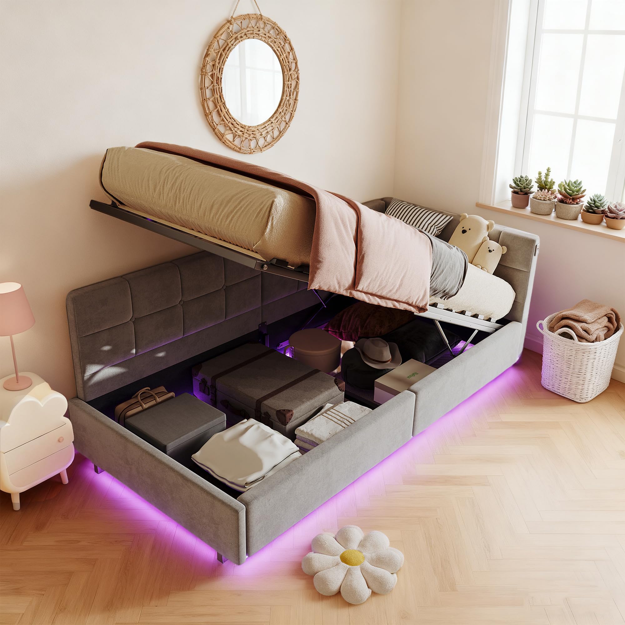 Hydrauliquet rozkładana sofa 90 x 200 cm, łóżko bagażowe 90 x 200 z LED i gniazdem USB, aksamitna tkanina, 1-osobowa sofa łóżko pojedyncze ze stelażem na listwę, rama łóżka dla dzieci i młodzieży