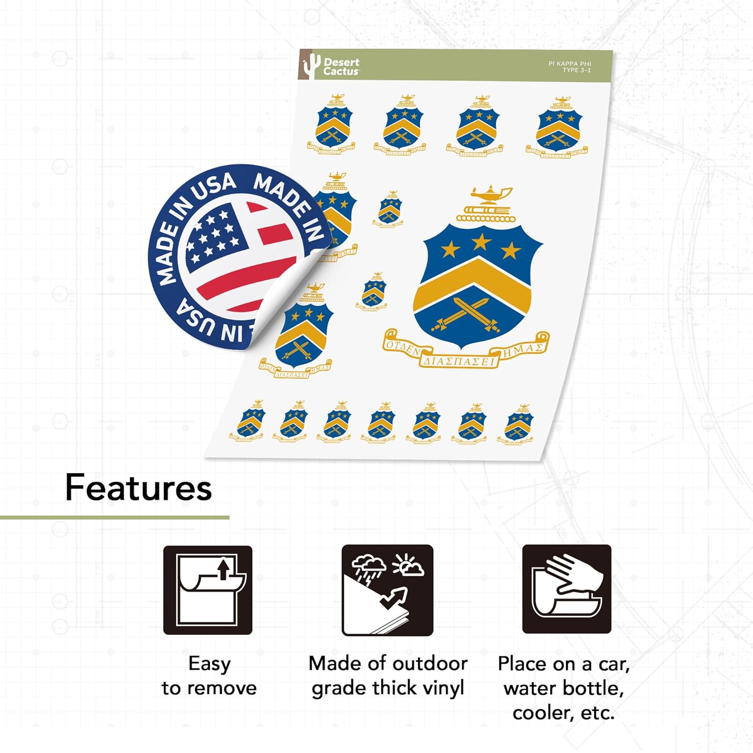 Desert Cactus Pi Kappa Phi Sticker Multiple Size Decal Laptop Water Bottle Car 13.46x10.94 Sheet (Crest - Type 3)