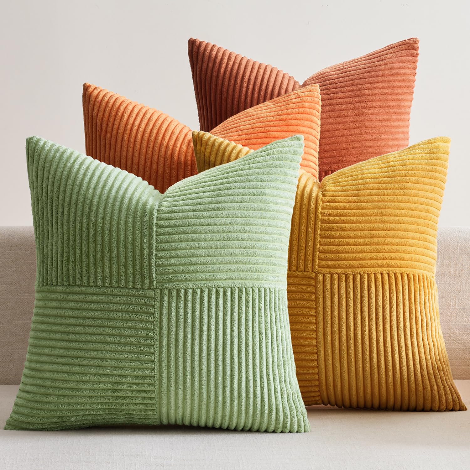 EMEMA Kissenbezug Kordsamt 4er Set Herbst Patchwork Kissenhülle 40x40 cm Zierkissenbezug Dekokissen Sofakissen Kord Dekorative Kissen für Sofa Sessel Zuhause Schlafzimmer Orange-grün Serie