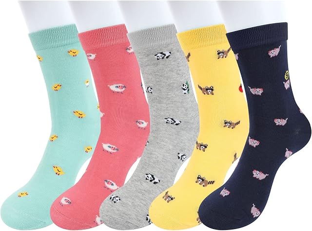 kuou 5 Pairs Womens Animal Socks, Cat Dog Socks Gifts Women Socks, Funny Cute Animal Cotton Socks for Women (One Size)