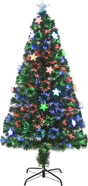 HOMCOM 5FT Prelit Artificial Christmas Tree Fibre Optic Star LED Light Holiday Home Xmas Decoration with LED Light for Indoor Party, Green