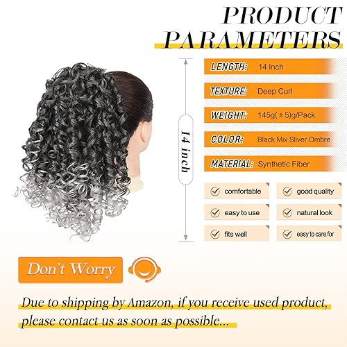 Miniatura 3 de PEACOCO - Cola de caballo afro rizada con cordón para mujeres negras, extensiones de cola de caballo afroamericanas de 14 pulgadas, cabello