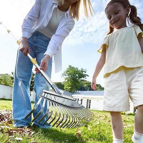 Miniatura 7 de Yocada Rastrillo de hojas de jardín de 19.3 pulgadas, ancho, resistente, ajustable, mango largo, rastrillo de jardín para hojas de césped (25