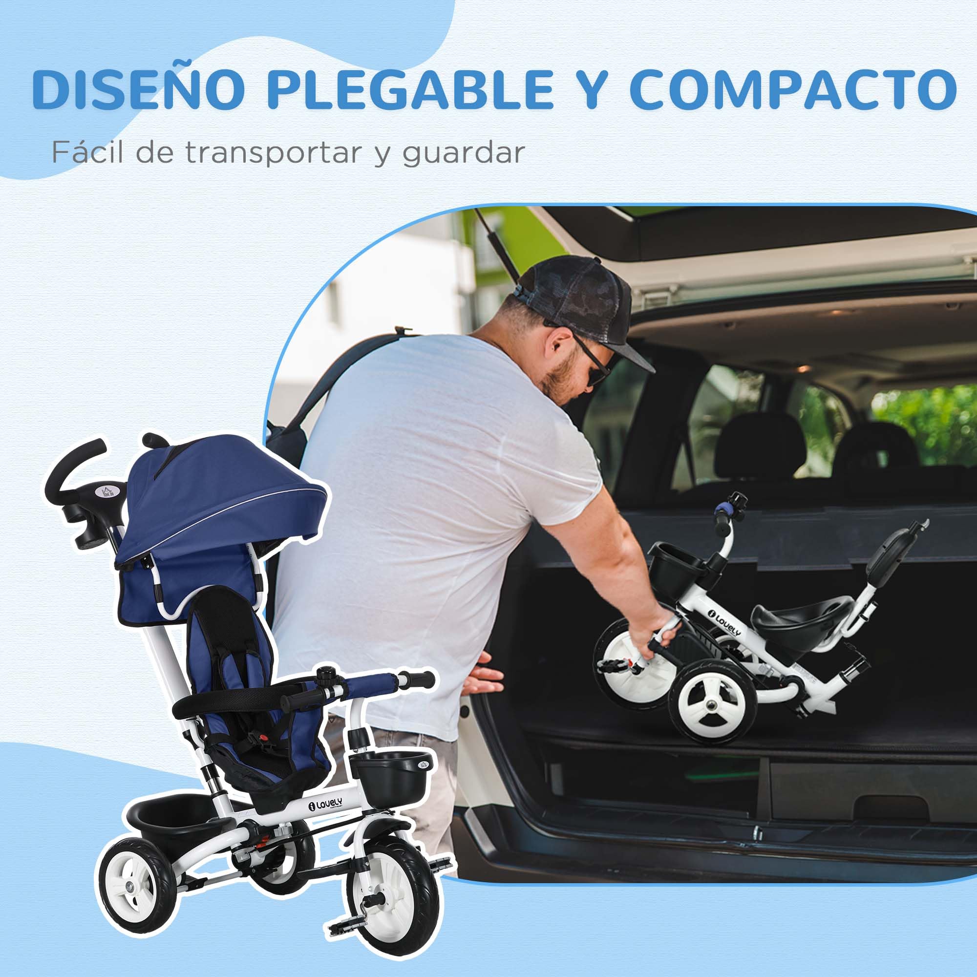 HOMCOM Triciclo para Bebés Plegable Triciclo Evolutivo 2 en 1 para Niños de 12-60 Meses con Toldo Plegable Mango de Empuje Telescópico Reposapiés Cinturón de Seguridad y Cestas Azul