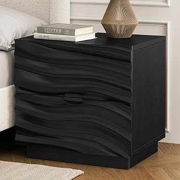 24" Black Nightstand with Drawers,Bedside Table with Storage,2 Drawer Nightstand with 3D Wave Drawer Fronts,Wood Night Stand with Drawers with No Handles for Living Room and Bedrooms
