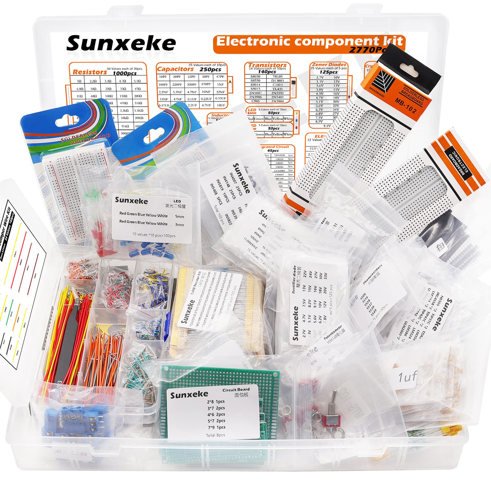 Electronic Component DIY Assortment Kit,Include Resistors,Capacitors,Triode,PCB,Tact Switch,Toggle Switch，Potentiometer,LED,Inductors,Crystal oscillator,Integrated Circuit.