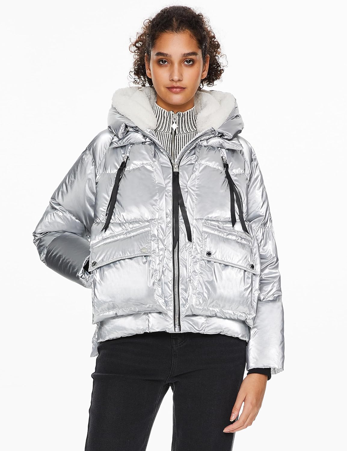 Orolay Women's Metallic Down Jacket Short Cropped Puffer Jacket Full-zip Water-resistant Outerwear with Fleece-lined Hood