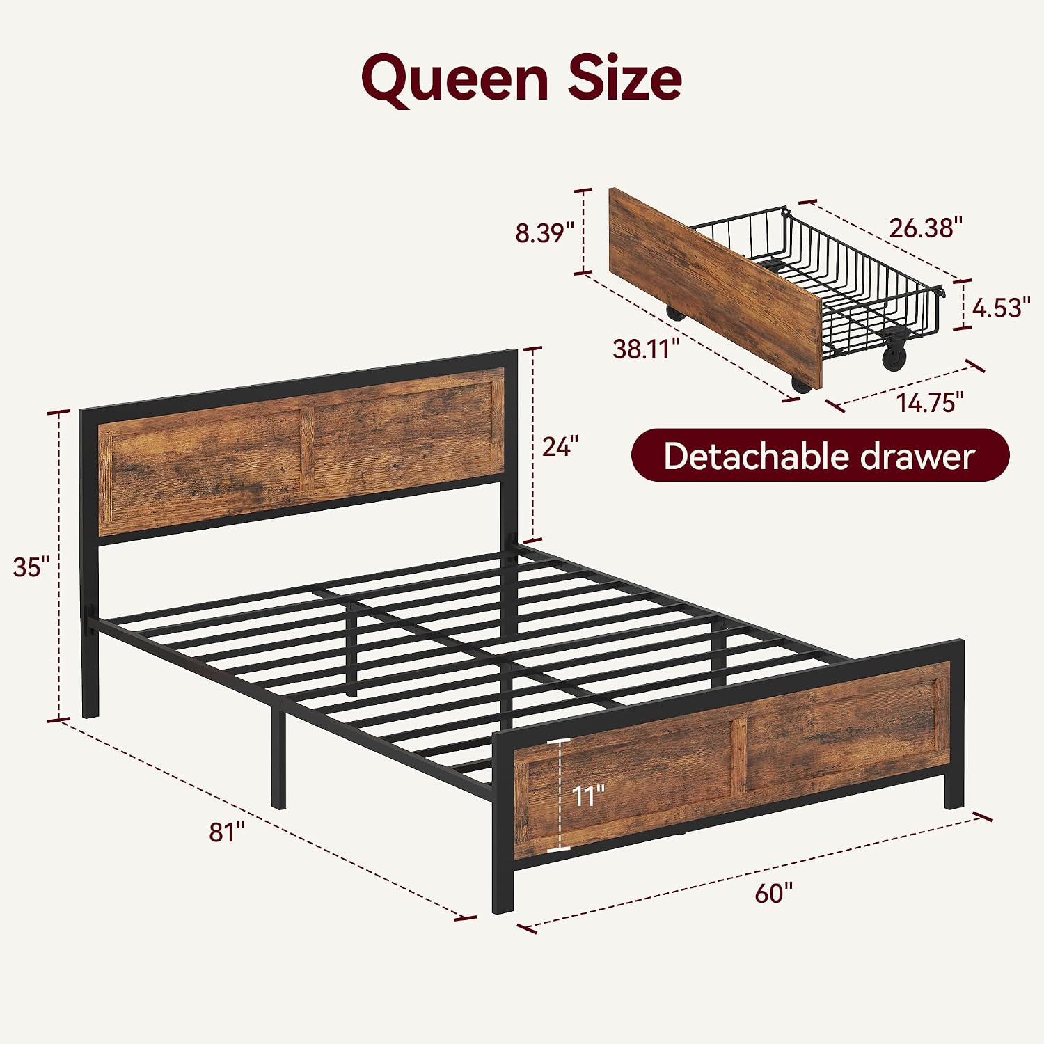 Sunny Heart Queen Size Bed Frame with Headboard, Queen Bed Frame with 4 Storage Drawers, Rustic Woodgrain Platform Bed Frame, Noise-Free, Easy Assembly, No Box Spring Needed, Sturdy Metal Support