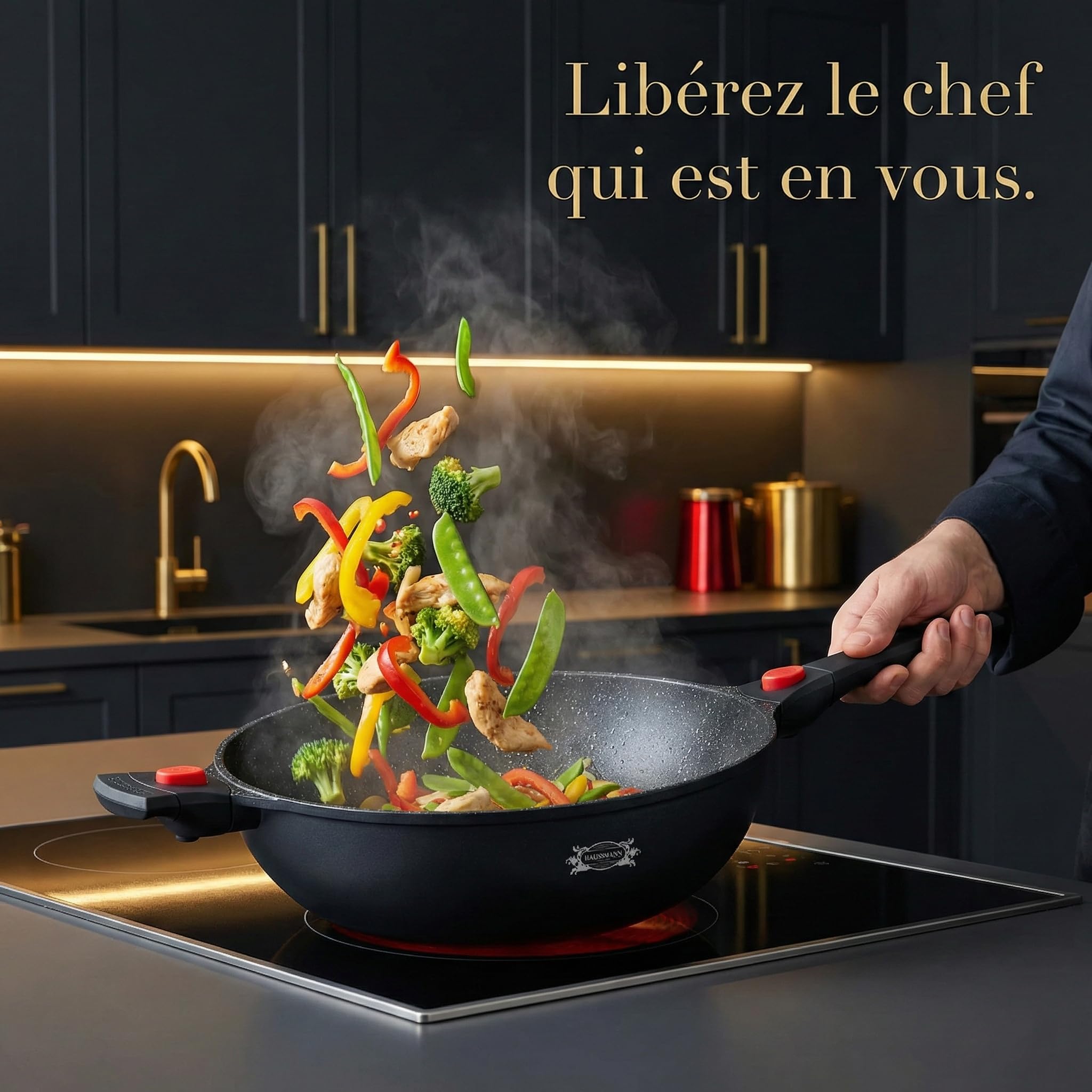 HAUSSMANN heritage - Wok/Sauteuse 32cm 6.4L avec Couvercle - Fonte d'Aluminium - Revêtement Antiadhésif 5 Couches (Sans PFOA) - Poignée Amovible - Tous Feux Induction, Four & Lave-vaisselle
