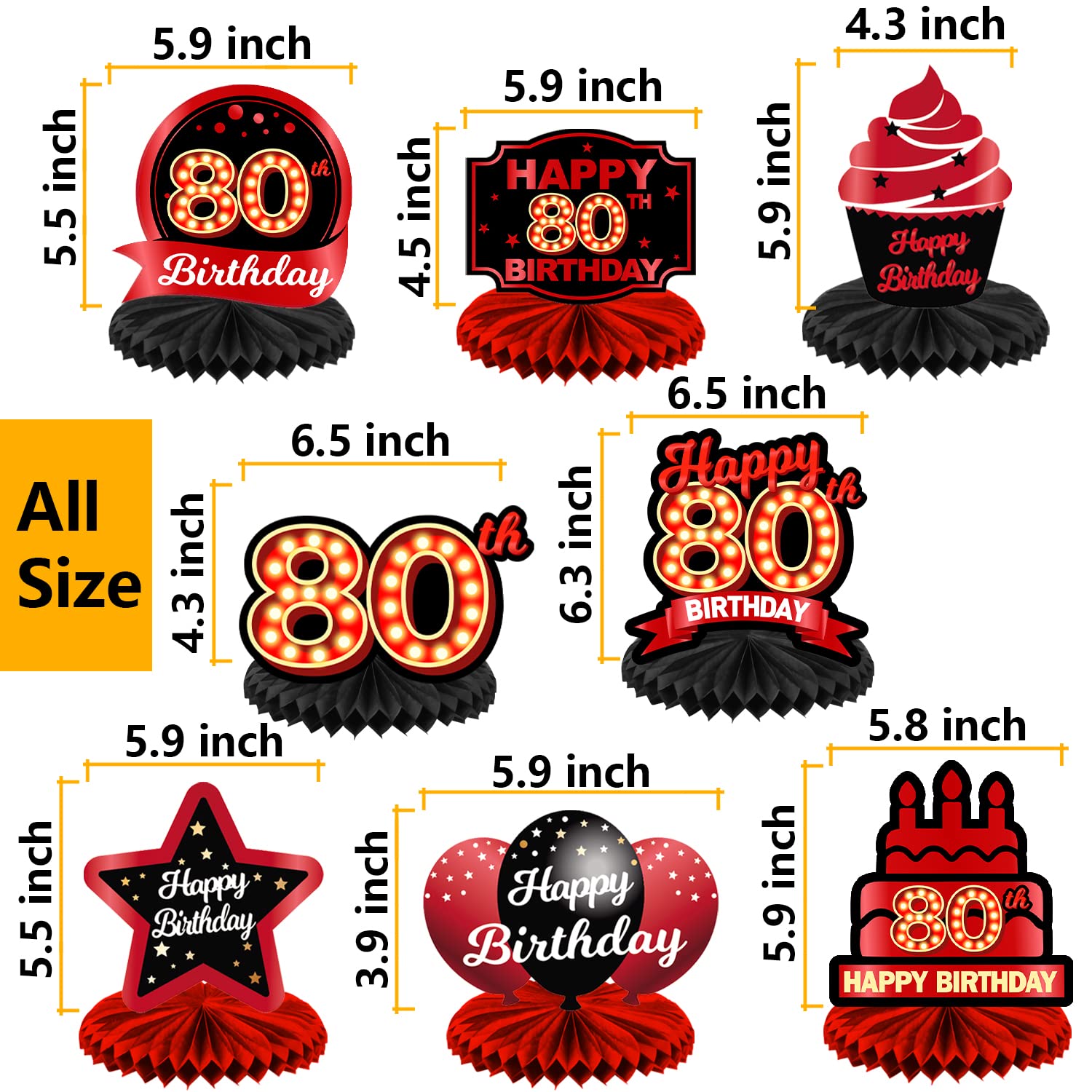 Happy 80th Birthday Red and Black Table Honeycomb Centerpieces Balloons Theme Decor Table Decorations Table Toppers for Girls Women Princess 80 Years Old Birthday Party Bday Supplies Background Gold