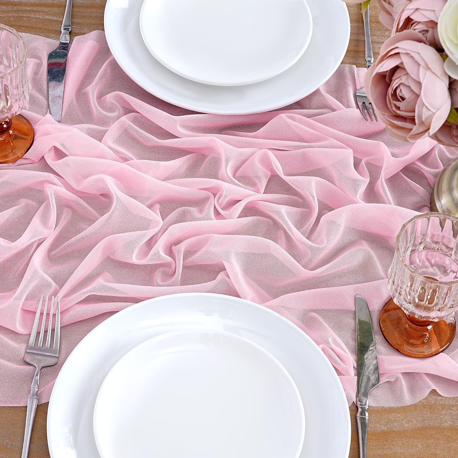2 Stück Rosa Tischläufer Chiffon Gaze Tischläufer Leicht Boho Tischdeko für Hochzeit Geburtstag Party 70x 300 cm