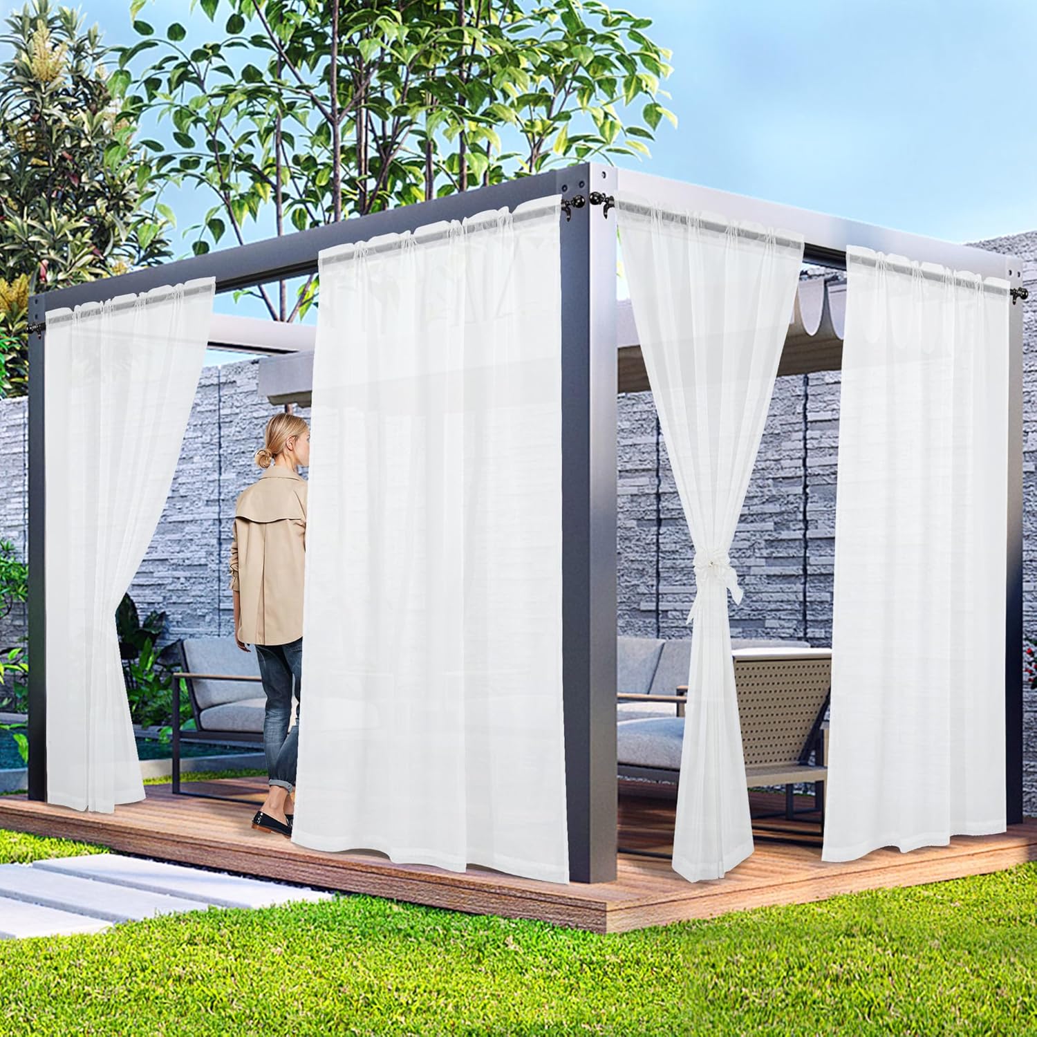 2 Panels Outdoor Sheer Curtains for Patio, White Privacy Curtains for Patio Waterproof, Indoor Outdoor Drapes for Gazebo Pergola Balcony Pool Spa, 52 x 120 inch