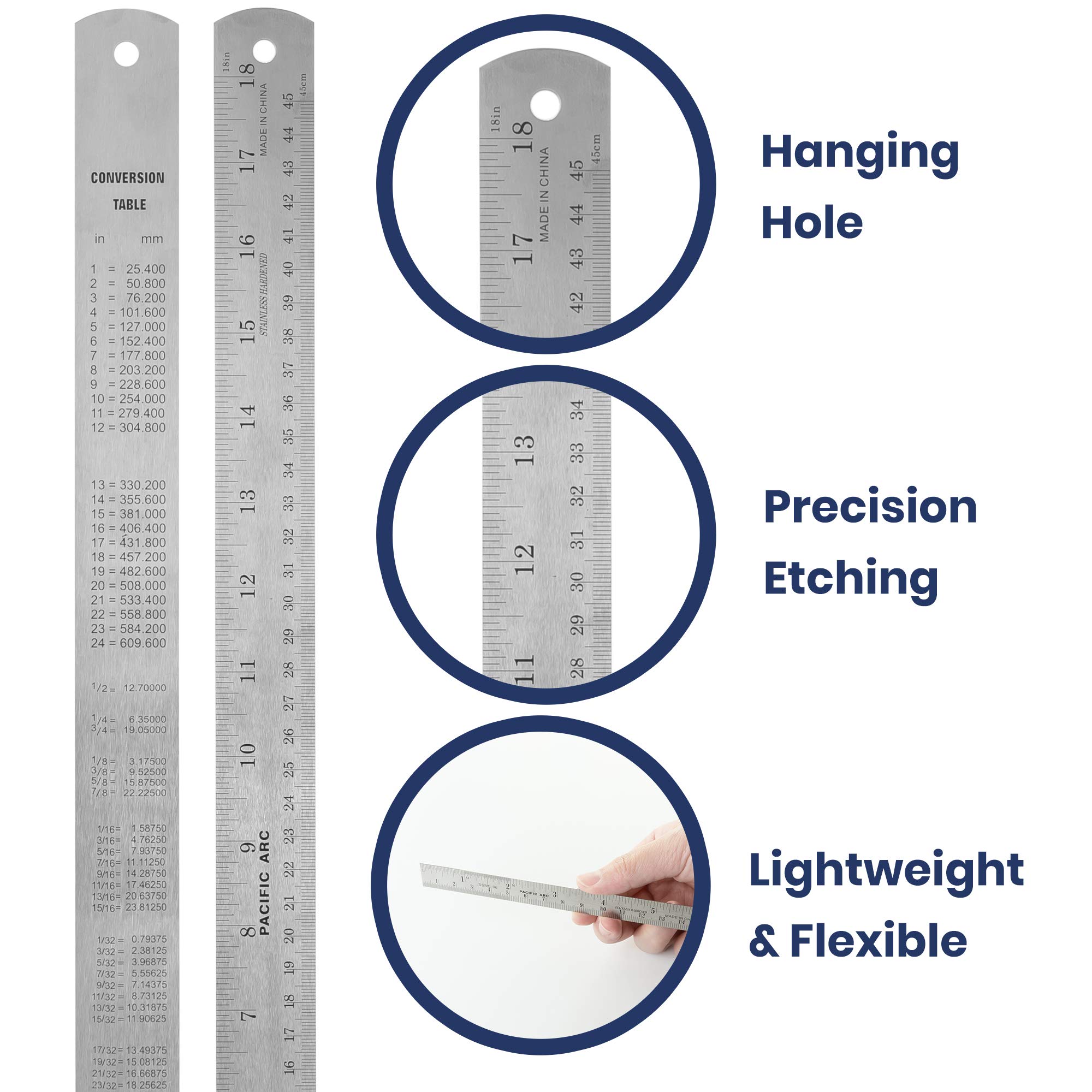 Amazon Com Pacific Arc 18 Inch Stainless Steel Ruler With Inch Metric Conversion Table Office Products