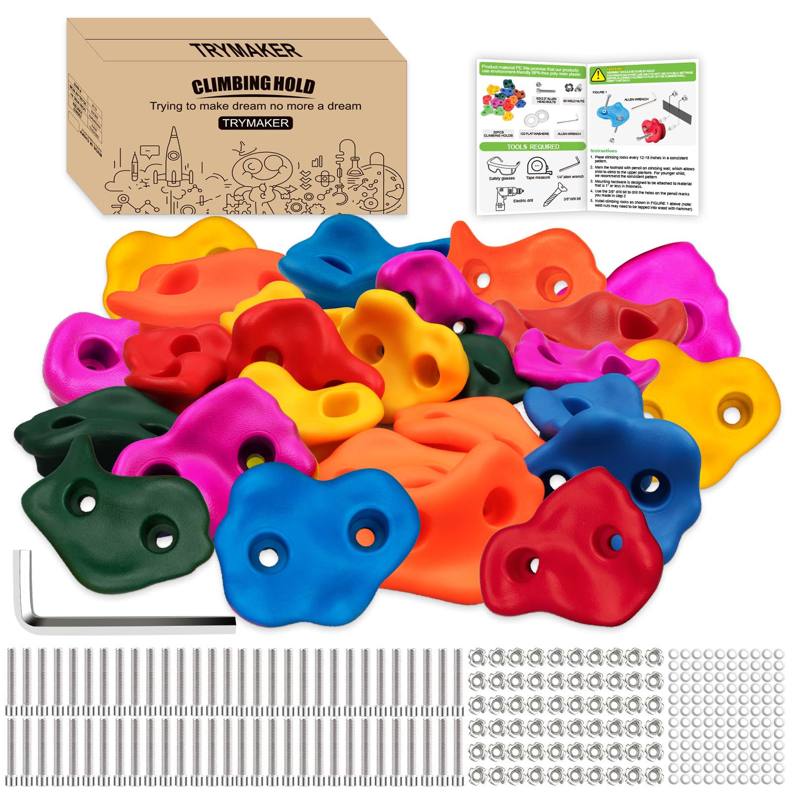 Trymaker Set di impugnature per arrampicata su roccia per bambini, 15 pezzi/30 impugnature per arrampicata per bambini e adulti all'aperto