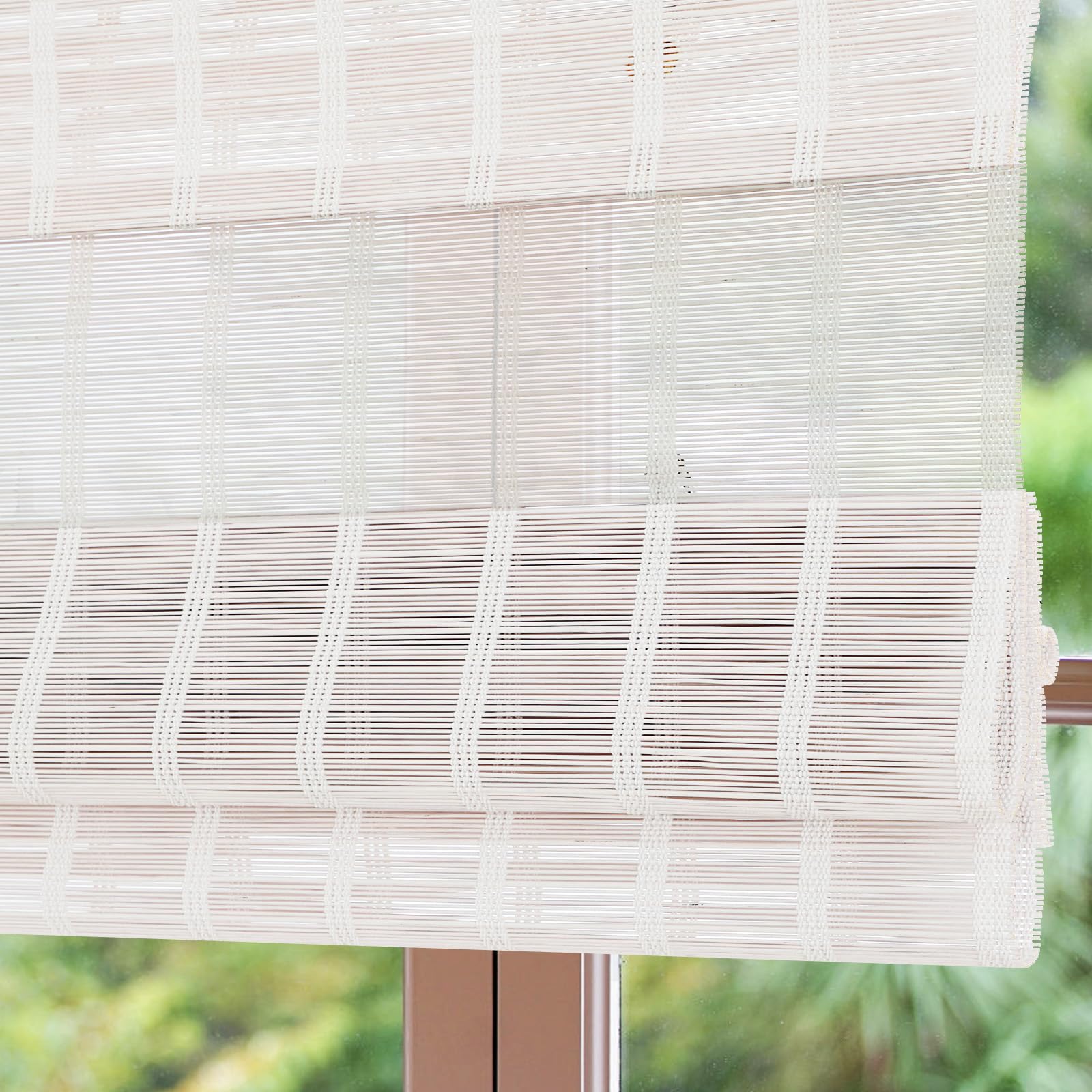 Cordless Bamboo Roman Shade Blind, Woven Wood Roman Shades, Light Filtering Natural Bamboo Shades for Windows, French Doors, 35" W x 64" H, Pearly White