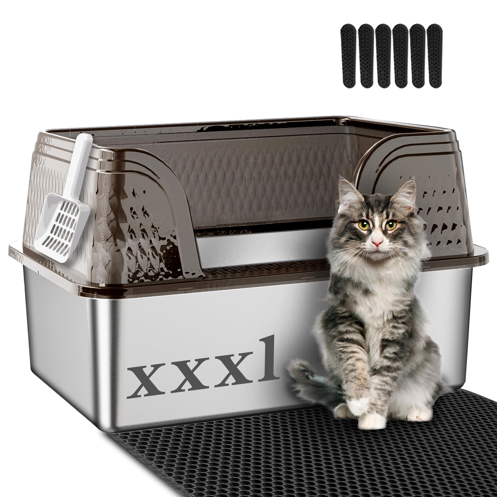 Suhaco XXXL Stainless Steel Litter Box with High Sided Deep Side Entry Deep Extra Large Metal Litter Box Included Mat & Scoop Anti-Urine Leakage Cat Litter Boxes for Big Cats (Black)