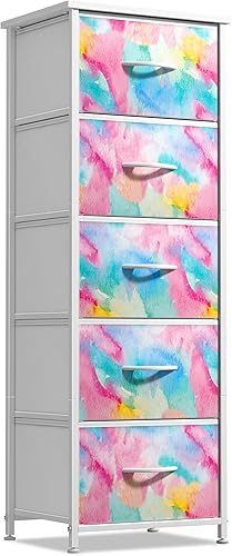 Sorbus Cómoda para niños con 5 cajones, organizador de cofre de almacenamiento, mesita de noche, marco de acero, parte superior de madera,