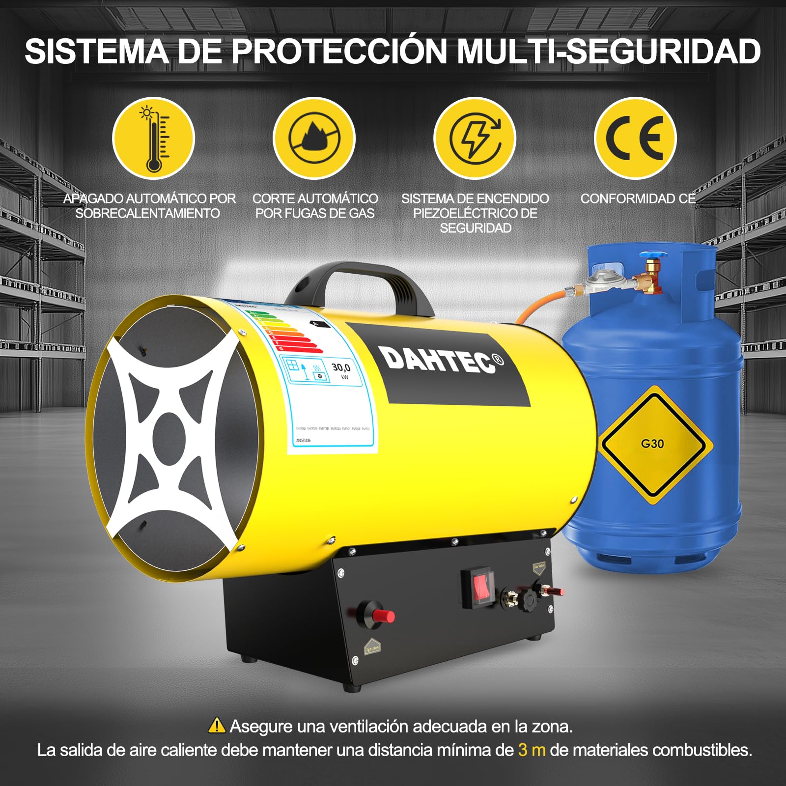 Calefactor de Gas Auxiliar 18-30 kW Potencia Regulable Cañón de Calor Soplador de Aire Caliente para Obras, Amarillo
