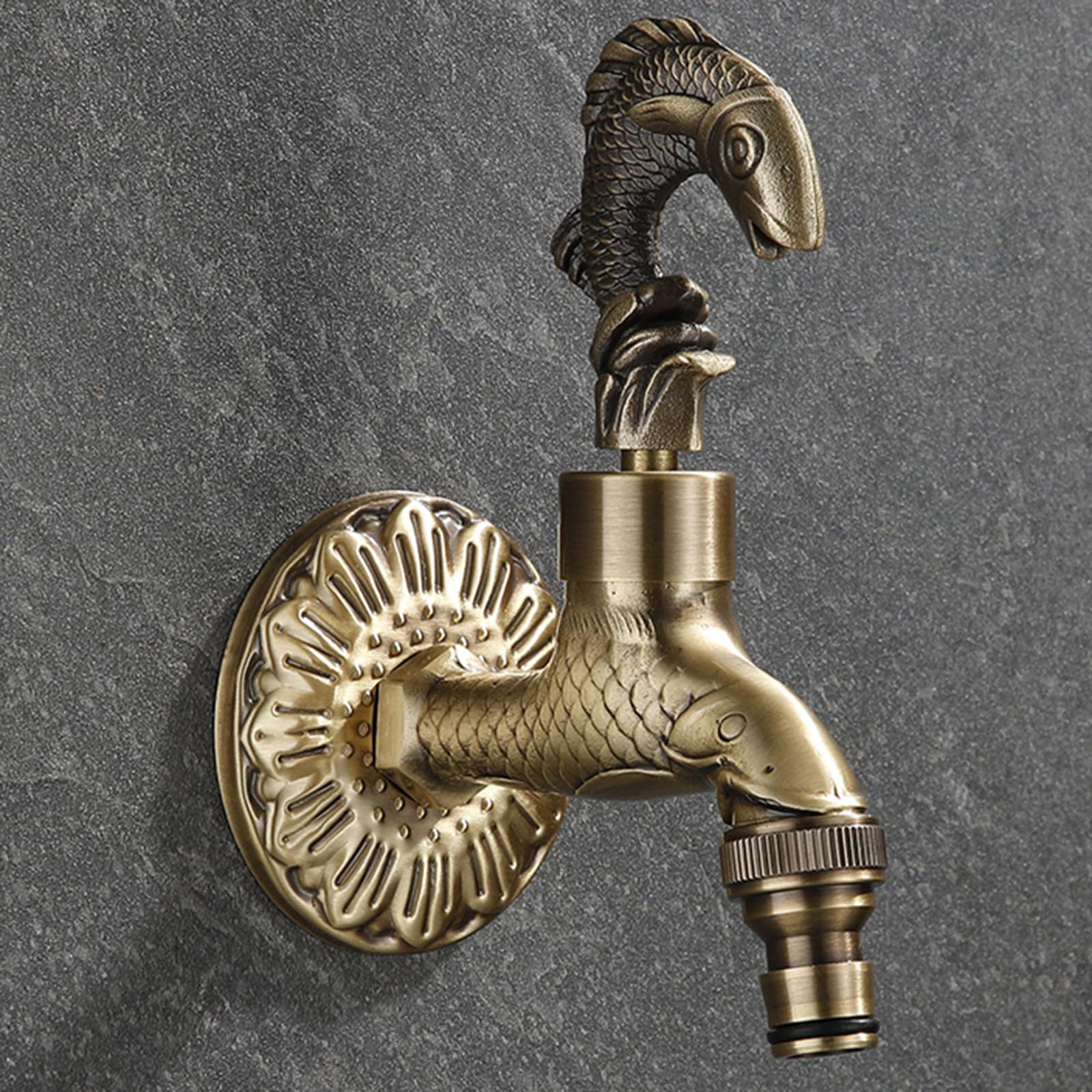Rubinetto Giardino Muro Ottone Retrò a Forma di Pesce Uscita Acqua Fredda Singola Collegabile a Una Tubatura Esterna Maniglia Singola G1/2, Bronzo, 9 CM