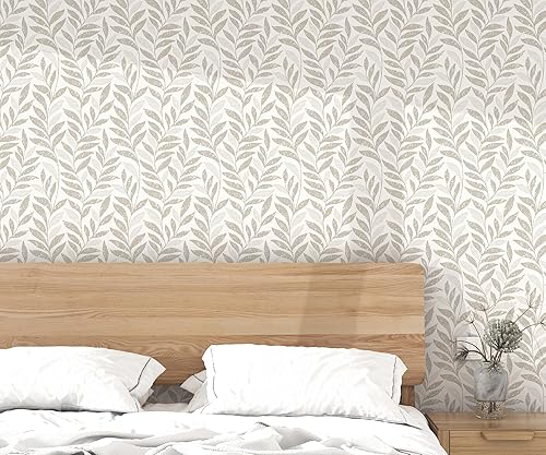 Miniatura 2 de Papel tapiz de hojas para despegar y pegar, bohemio, 17.3 x 78.8 pulgadas, color beige y blanco, papel tapiz autoadhesivo extraíble para baño,