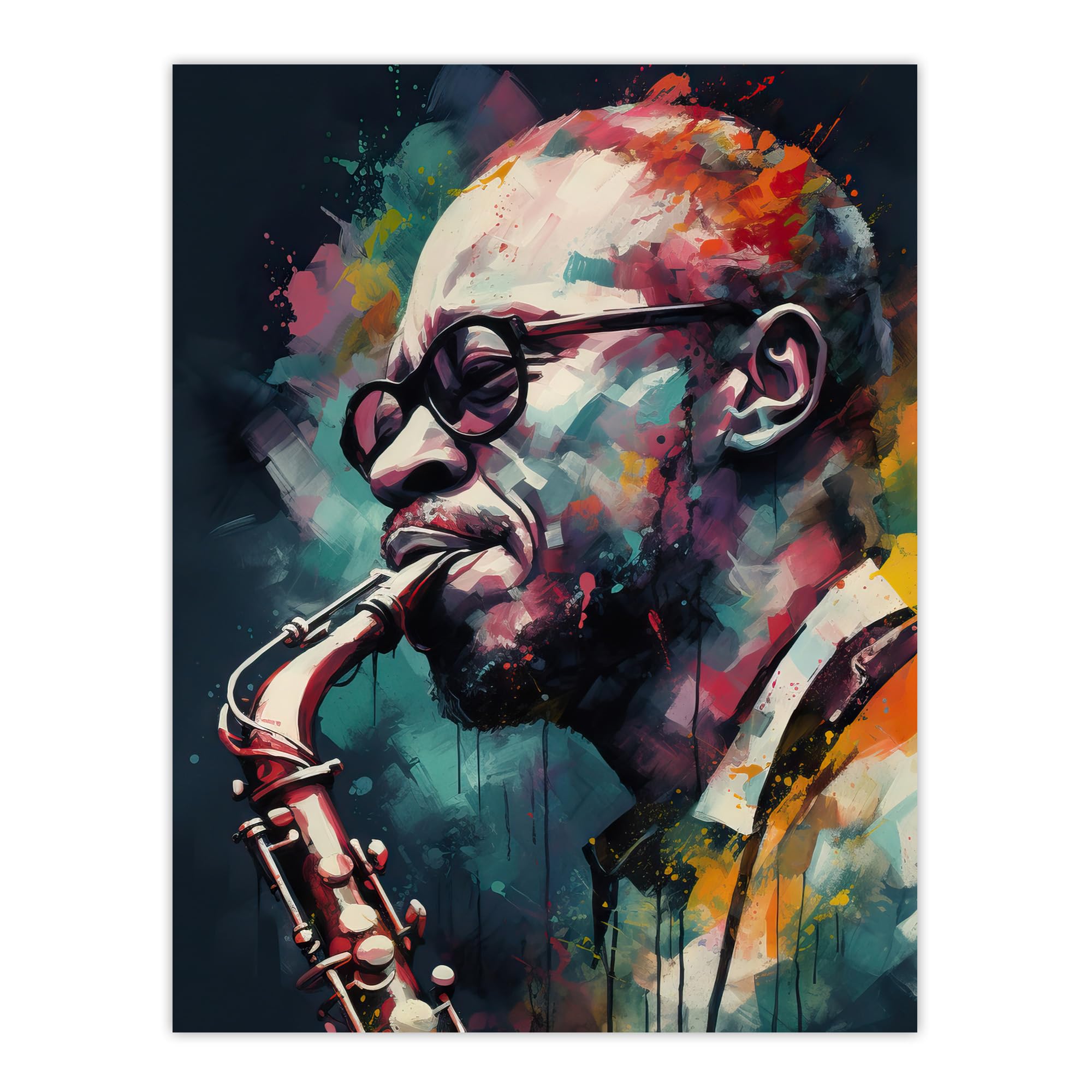 Artery8 Wall Art Print - Saxophone Player - Acrylic Painting - W12" x H16" - Black