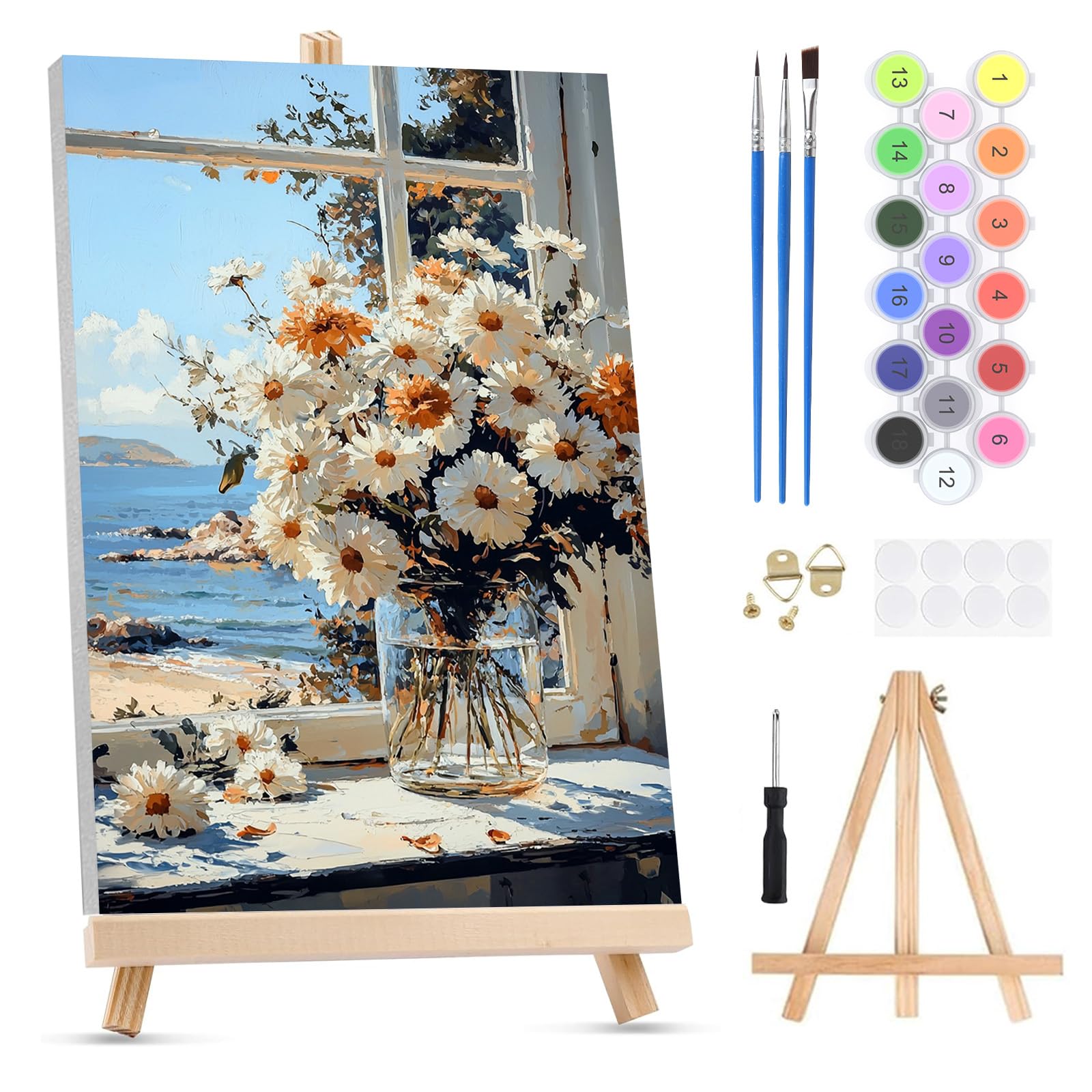 QENSPE Paint by Numbers for Adults on Framed Canvas - with Wooden Easel, Daisies Painting by Number Kit for Beginners, DIY Vase Acrylic Oil Painting for Home Wall Decor 8x12 Inch