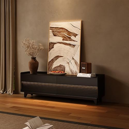 Miniatura 22 de POVISON Soporte de TV completamente ensamblado de mediados de siglo moderno, consola multimedia de madera de 94.49" con luz LED ajustable, centro