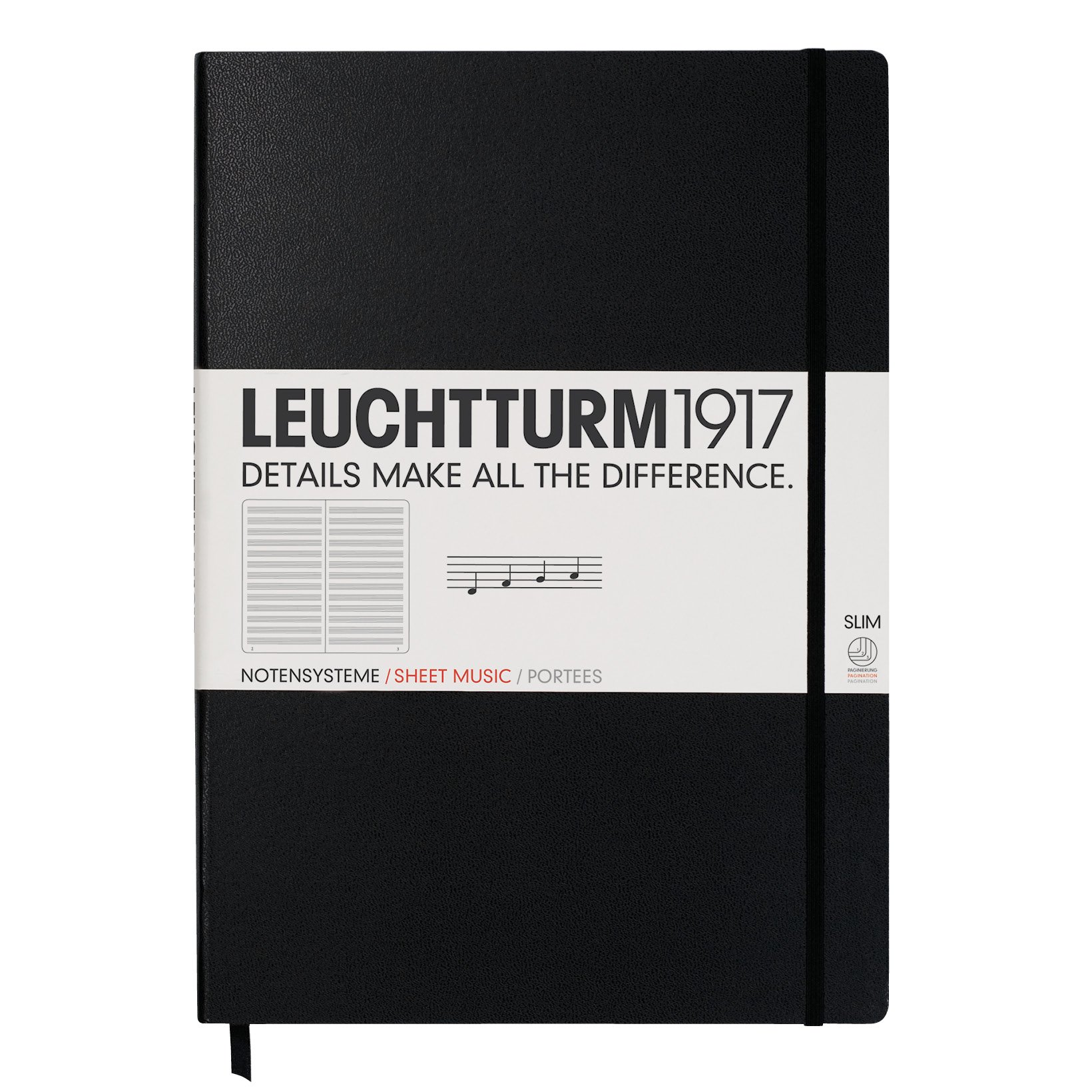 Leuchtturm1917 340833 Notebook Master Slim (A4+), 123 numbered pages, Black with staves