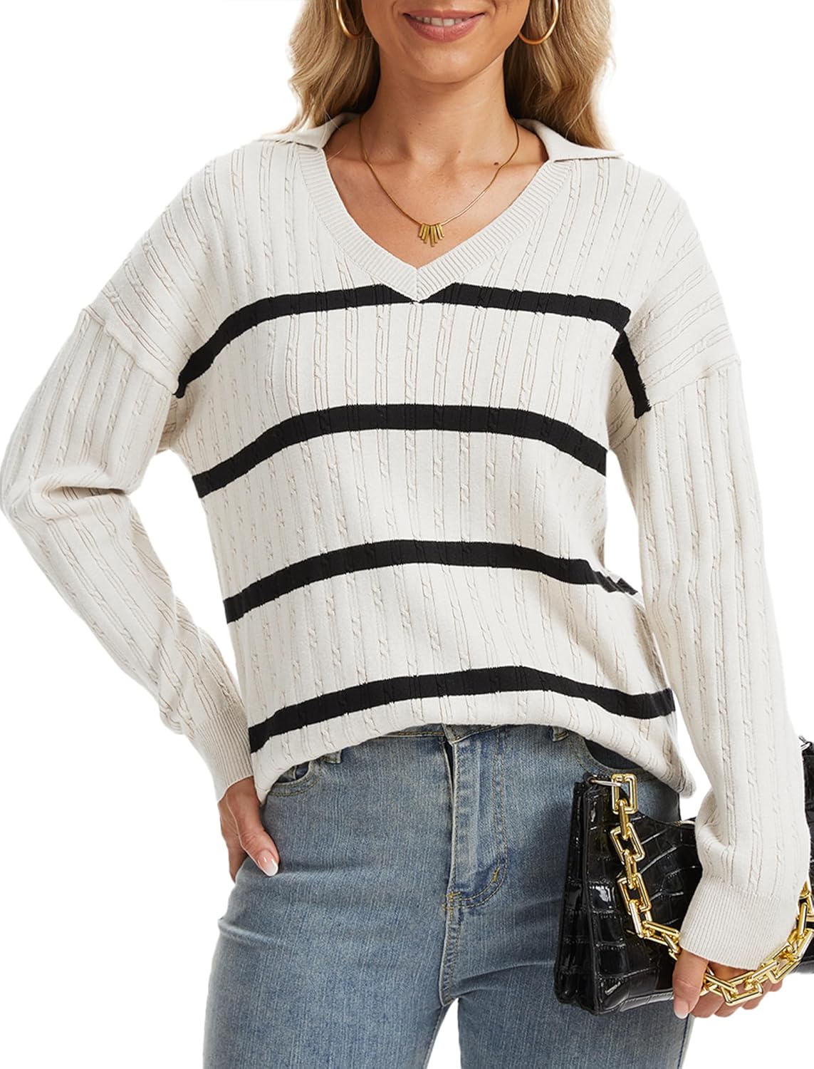 LUXEBOLD Women's V Neck Sweaters Casual Long Sleeve Knitted Pullover Tops Striped Light Weight Shirts Fall Fashion Outfits