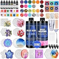 KISREL Epoxy Resin Kit for Beginners: 32oz Starter Set with Coaster Molds, Pigments, Glitters, Mica, Flowers & Tools