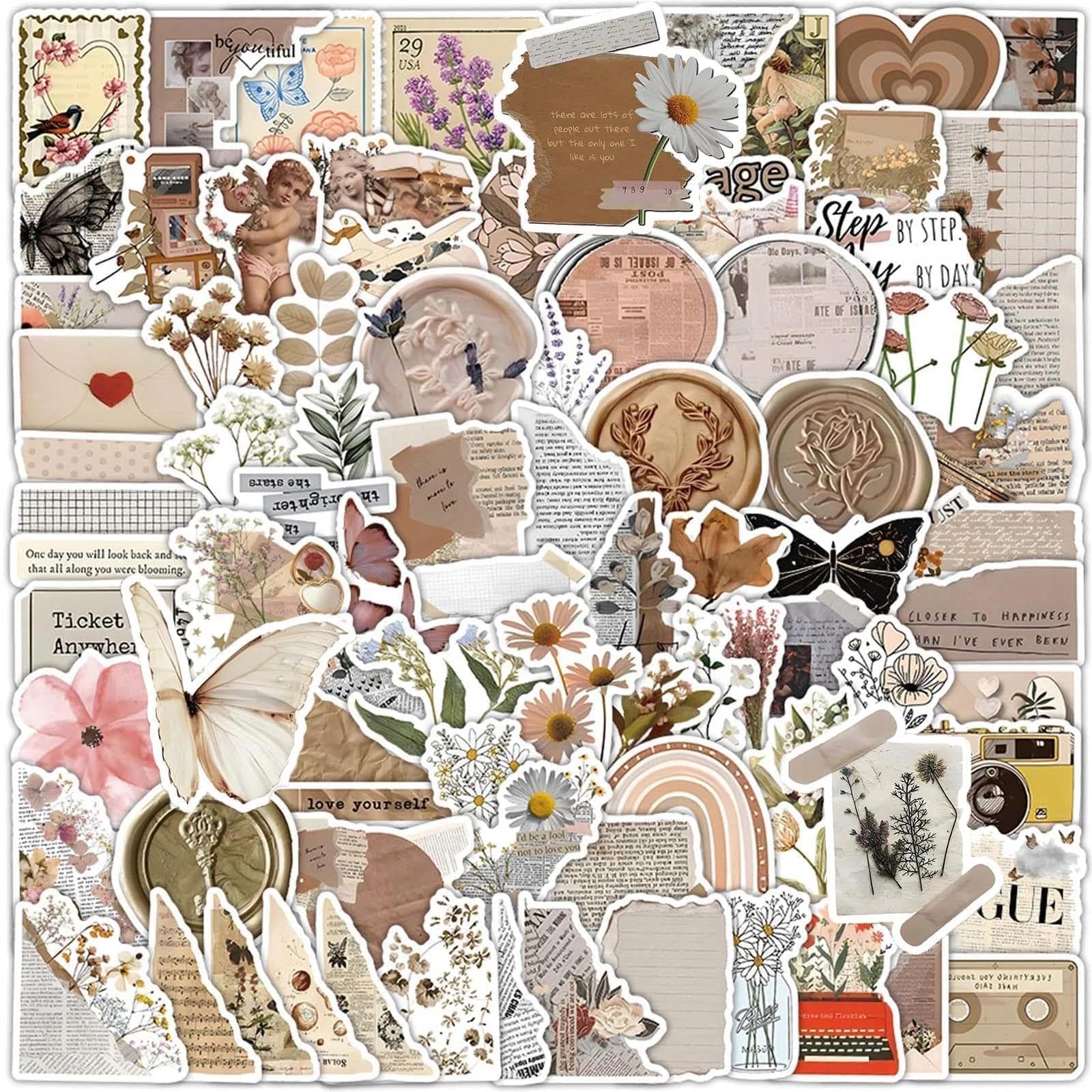 KNUIUYY 120 Pcs Vintage Aesthetic Scrapbook Stickers, Retro Newspaper Journal Stickers, Waterproof Vinyl Sticker, for Laptop Scrapbook Notebook Guitar Suitcase Skateboard