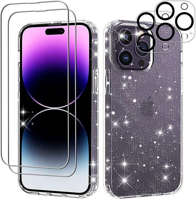 Gimane Glitter for iPhone 14 Pro Case, 2 Pack [Tempered Glass Screen Protector + Camera Lens Protector], Cute Clear Sparkle Shockproof Protective Phone Case Cover for Women Girls-Clear Glitter