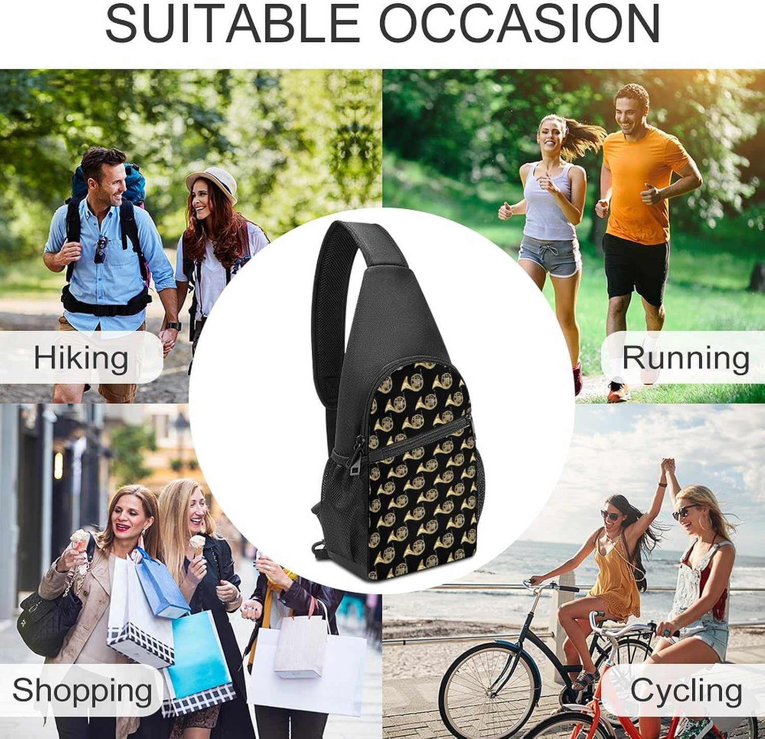 French Horns Golden Musical Instrument Black Large Capacity Portable Chest Bag, Single Shoulder Chest Bag
