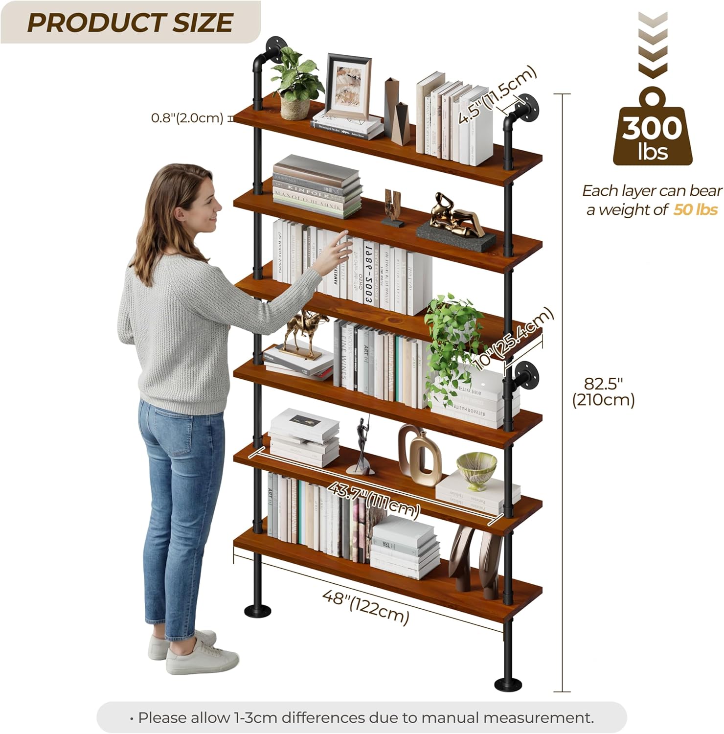 6 Tier Industrial Ladder Shelf Bookcase, Wall Mounted Rustic Bookshelf for Living Room Decor and Storage (Walnut Color, 6 Tier - 10" D x 48" W x 82.5" H)