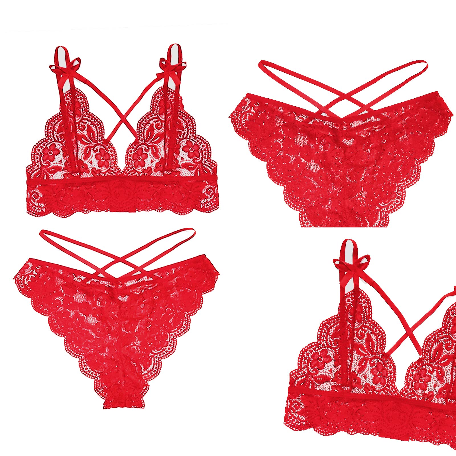 QHQQXN Lencería, Conjunto De Sujetador Y Bragas De Encaje Transparente, Bralette Ropa Interior De Tiras Trajes Body De 2 Piezas Ropa De Dormir Bikini Pijamas De Ganchillo para San Valentín Navidad