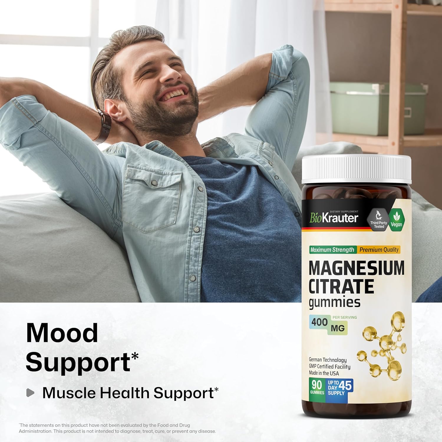 BIO KRAUTER Magnesium Citrate for Relaxation & Sleep Support - Magnesium Gummies 400 mg for Daily Wellness - Natural 90 Calm Gummies, 45-Day Supply - Non-GMO, Banana Flavor
