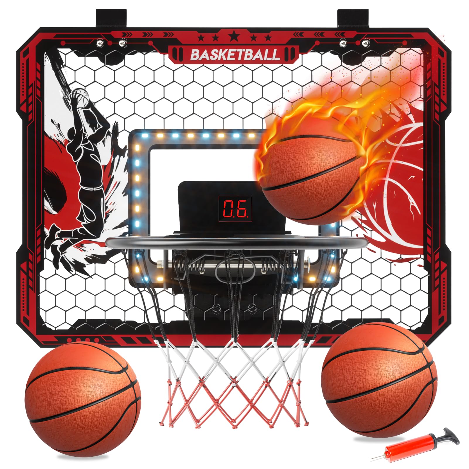 Basketball Hoop Indoor, Over The Door Basketball Hoop with Scoreboard, 3 Balls & Pump, Basketball Toys for 5 6 7 8 9 10 Year Old Boys Mini Basketballs Hoop for Kids Bedroom